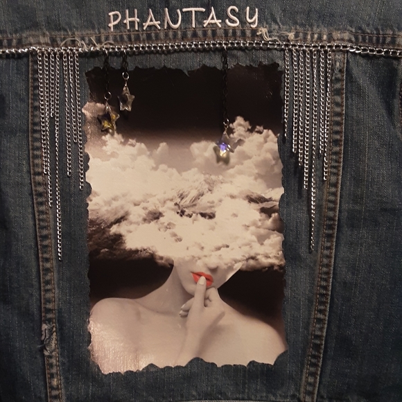 REPURPOSED UPCYCLED CUSTOM JEAN JACKET L - Picture 3 of 6